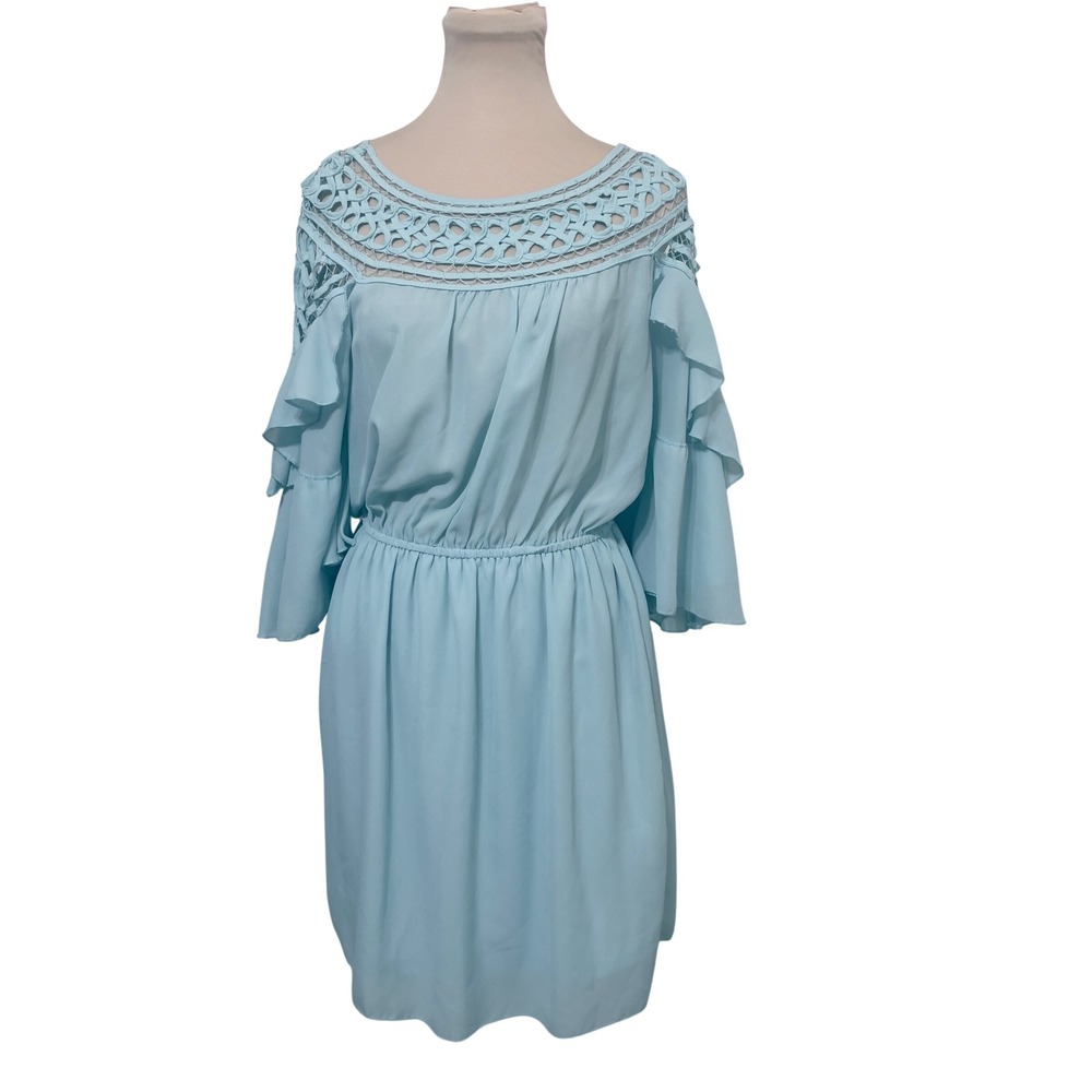 Leshop Womens Blue Crochet Neck Ruffle Sleeve Mini Dress Large Boho Summer
